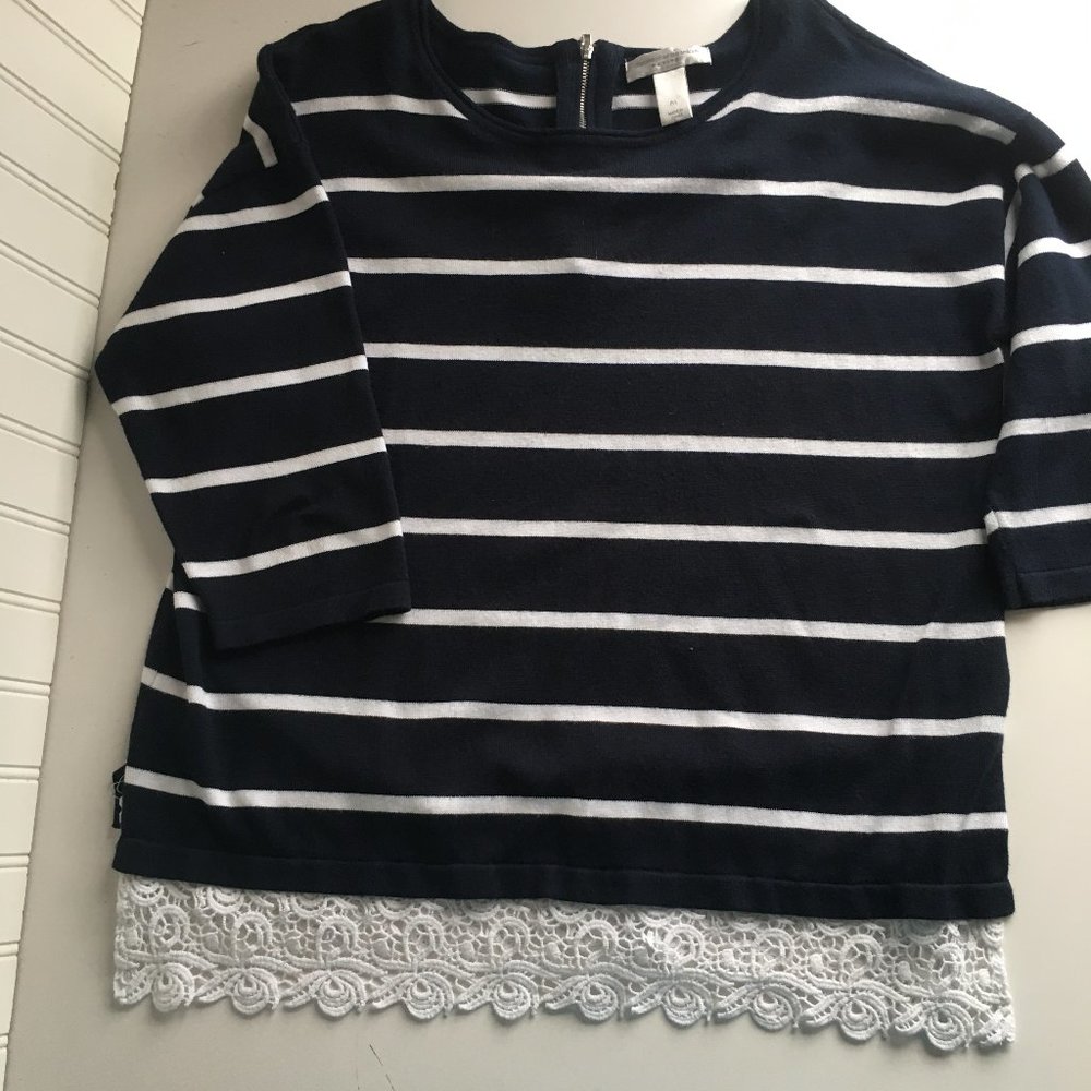 Christopher & Banks Knit Sweater Navy Blue White Striped with Lace Trim Size P/L